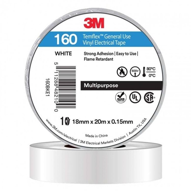 3M White - Insulation Tape 19mm x 20m - 10 Rolls 19mm x 20m Insulation Tape 10 Rolls White