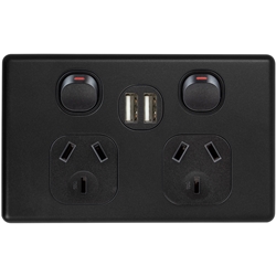 Classic Black Double Power Outlet 250V~ 10A & 2 x 2.1 A USB Outlets