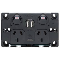 Classic Black Double Power Outlet 250V~ 10A & 2 x 2.1 A USB Outlets