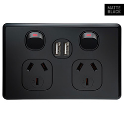 Voltex Shadowline Black Double Power Outlet 250V~ 10A & 2 x 2.1 A USB Outlets